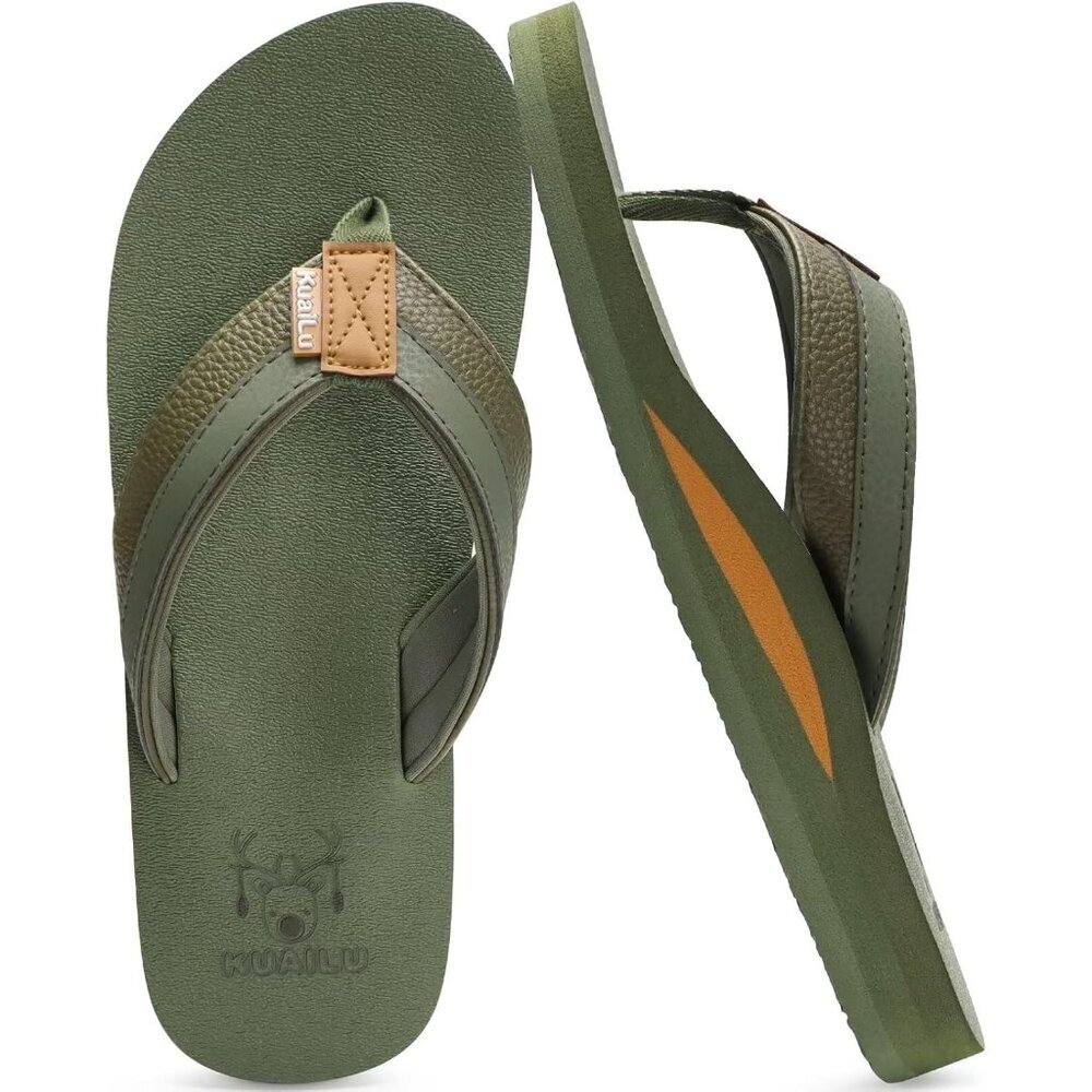 〽️Men's Flip Flop Sandal Green Leather Slip On Arch Support Comfort Shoes